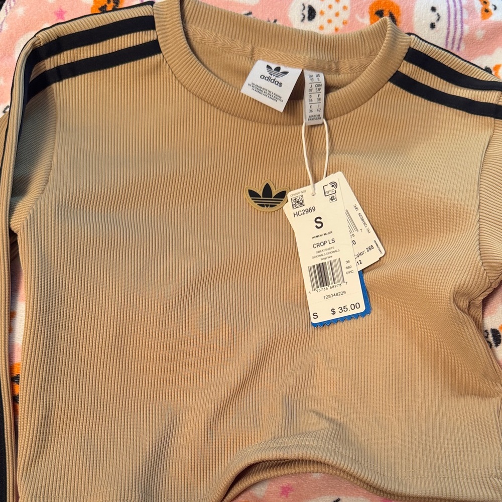 Adidas Kids Beige Long Sleeve Tee with Black Stripes